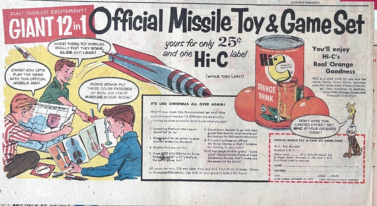 1959 Sunday newspaper ad for HI-C Orange Drink – Official Missile Toy & Game Set