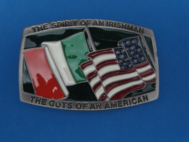 NEW OLD STOCK IRELAND USA FLAG PEWTER STYLE METAL BELT BUCKLE MADE IN USA #148