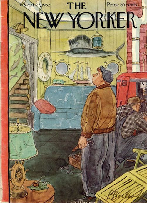 1952 New Yorker Magazine COVER ONLY Perry Barlow Art Man Fishing Lodge