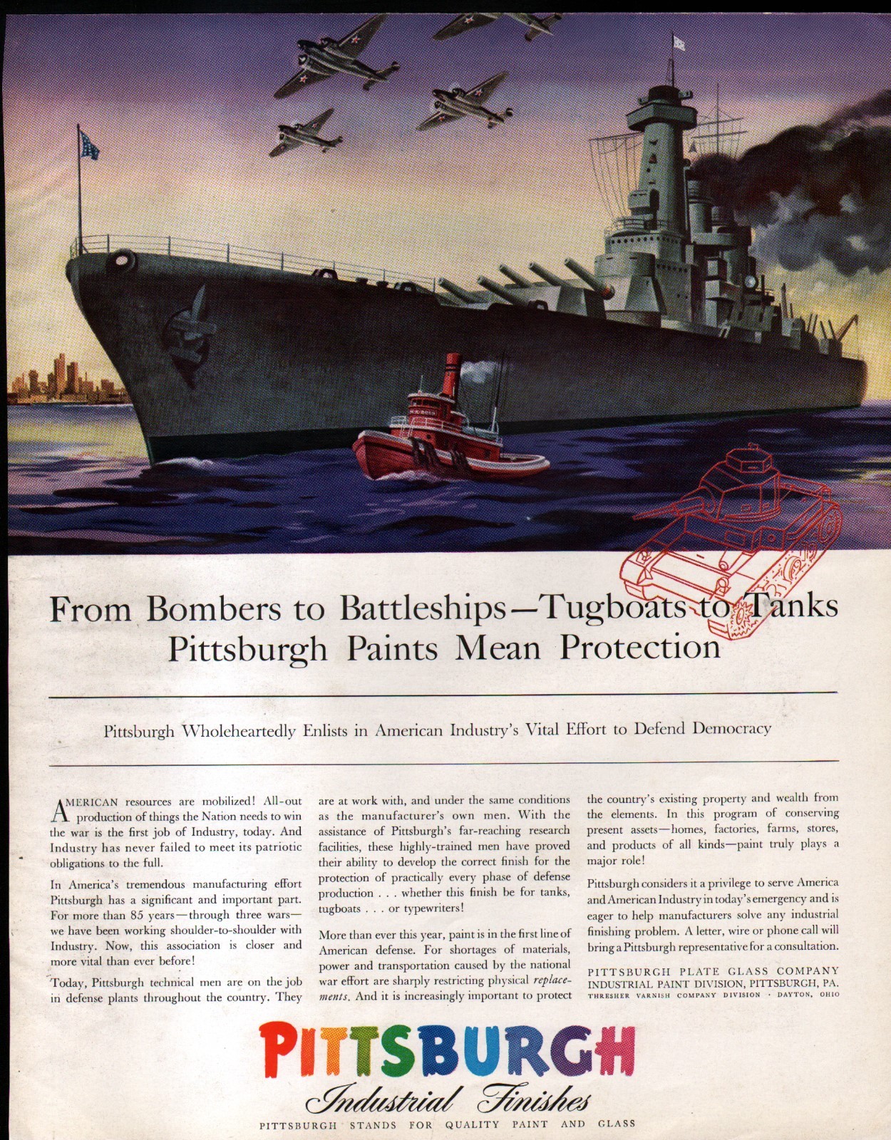 1942 PITTSBURGH INDUSTRIAL FINISHES AD — BOMBERS to BATTLESHIPS
