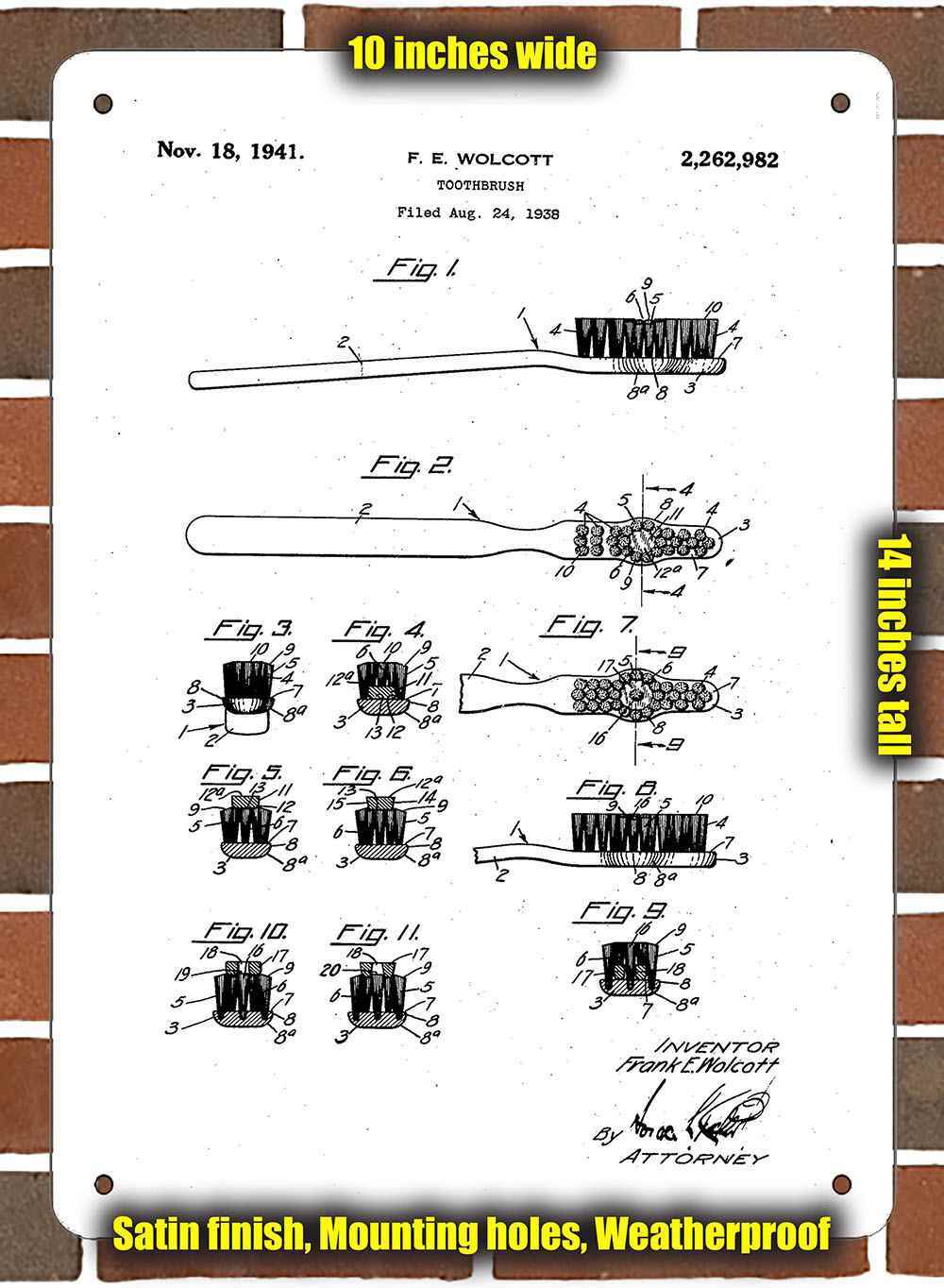 Metal Sign – 1941 Toothbrush Patent- 10×14 inches