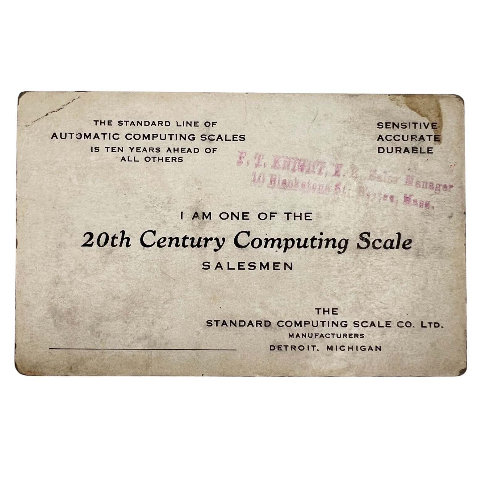 Vintage 1920s Scale Advertising Business Card 20th Century Salesman Boston Stamp