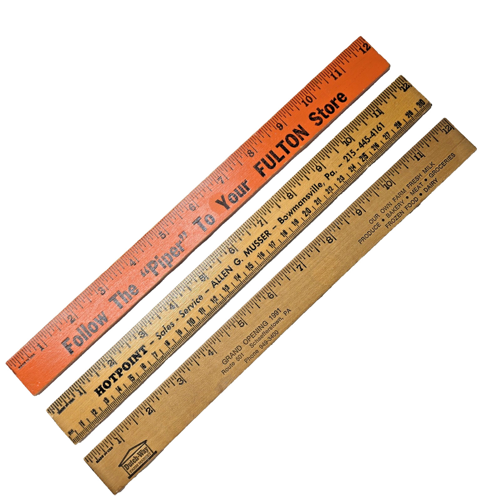 3 VINTAGE ADVERTISING RULERS Pennsylvania FULTON HOTPOINT DUTCH-WAY Lancaster