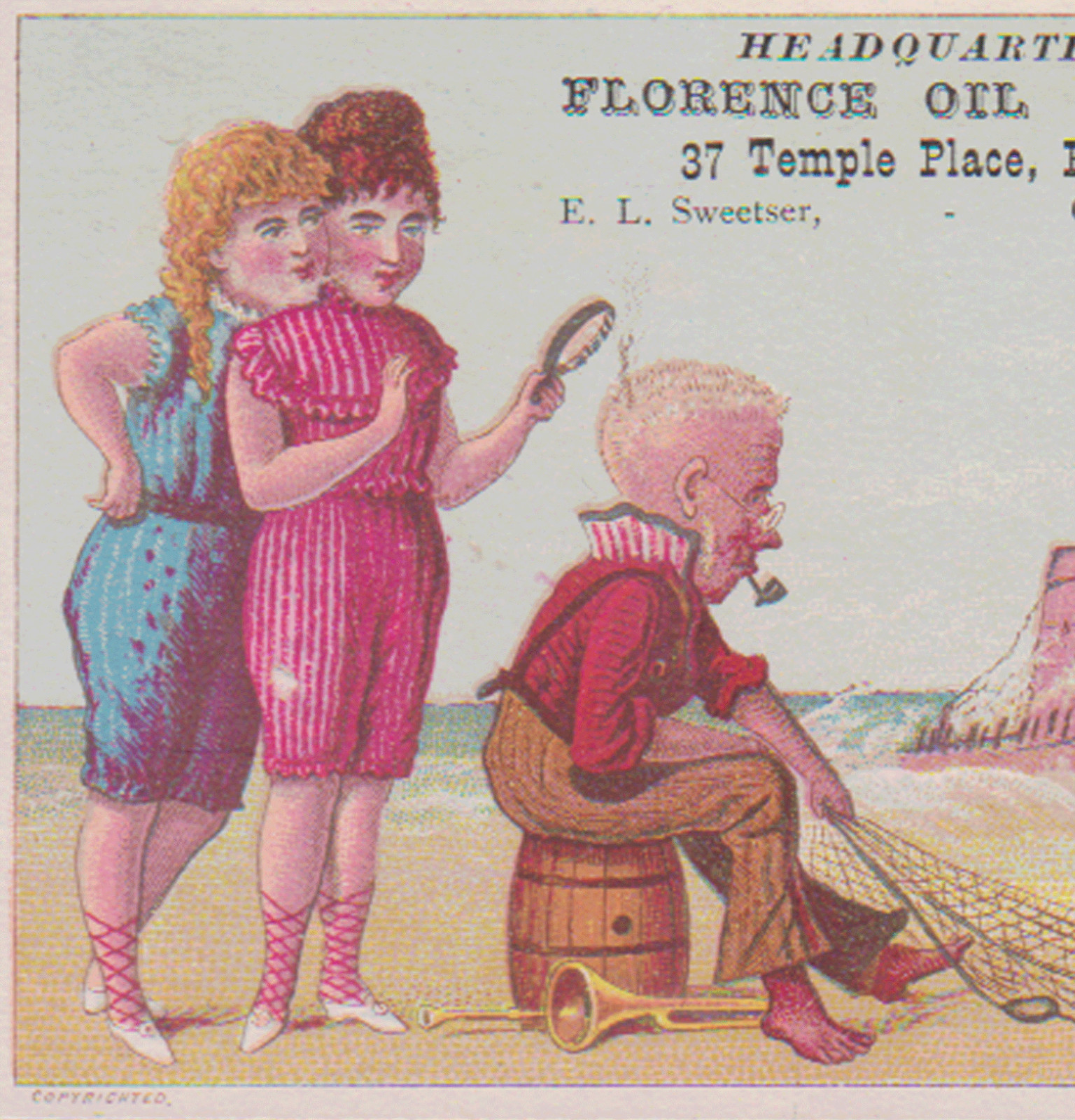 CATCHING HAIR ON FIRE, BOSTON TRADE CARD,FLORENCE OIL STOVE,37 TEMPLE PL, F779
