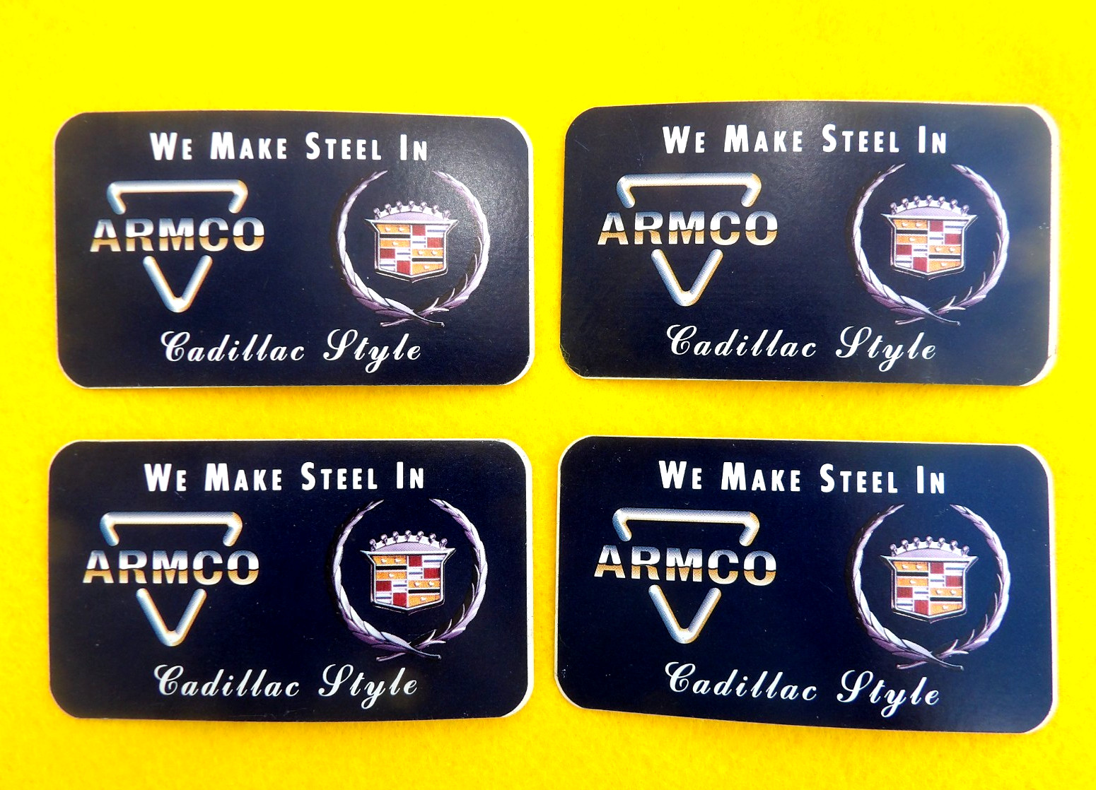 4 NOS vintage WE MAKE STEEL IN ARMCO CADILLAC STYLE advertising CARDS stickers
