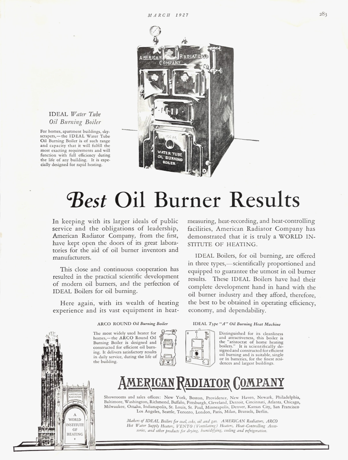 American Radiator Co Ideal Oil Burning Boiler Heating Vtgf 1927 Mag Print Ad