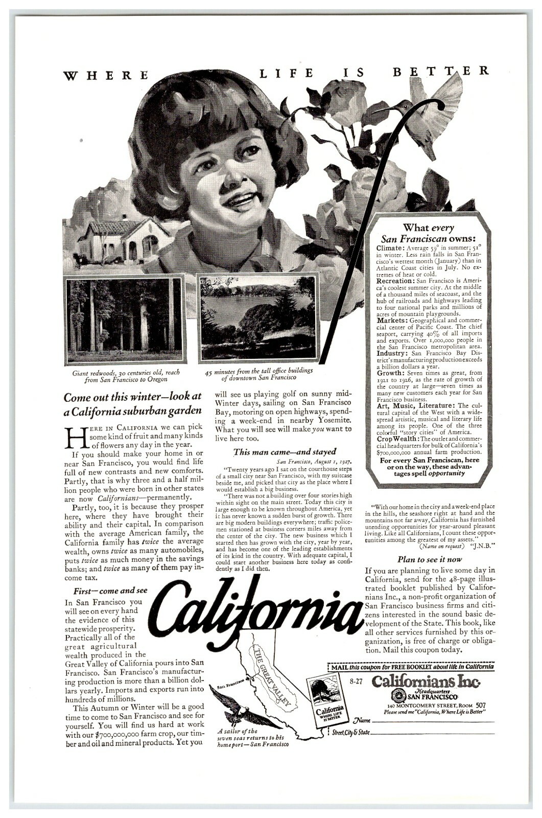 CALIFORNIA WHERE LIFE IS BETTER 1927 Vintage 6.5″ X 10″ Magazine Ad 1920’s M169