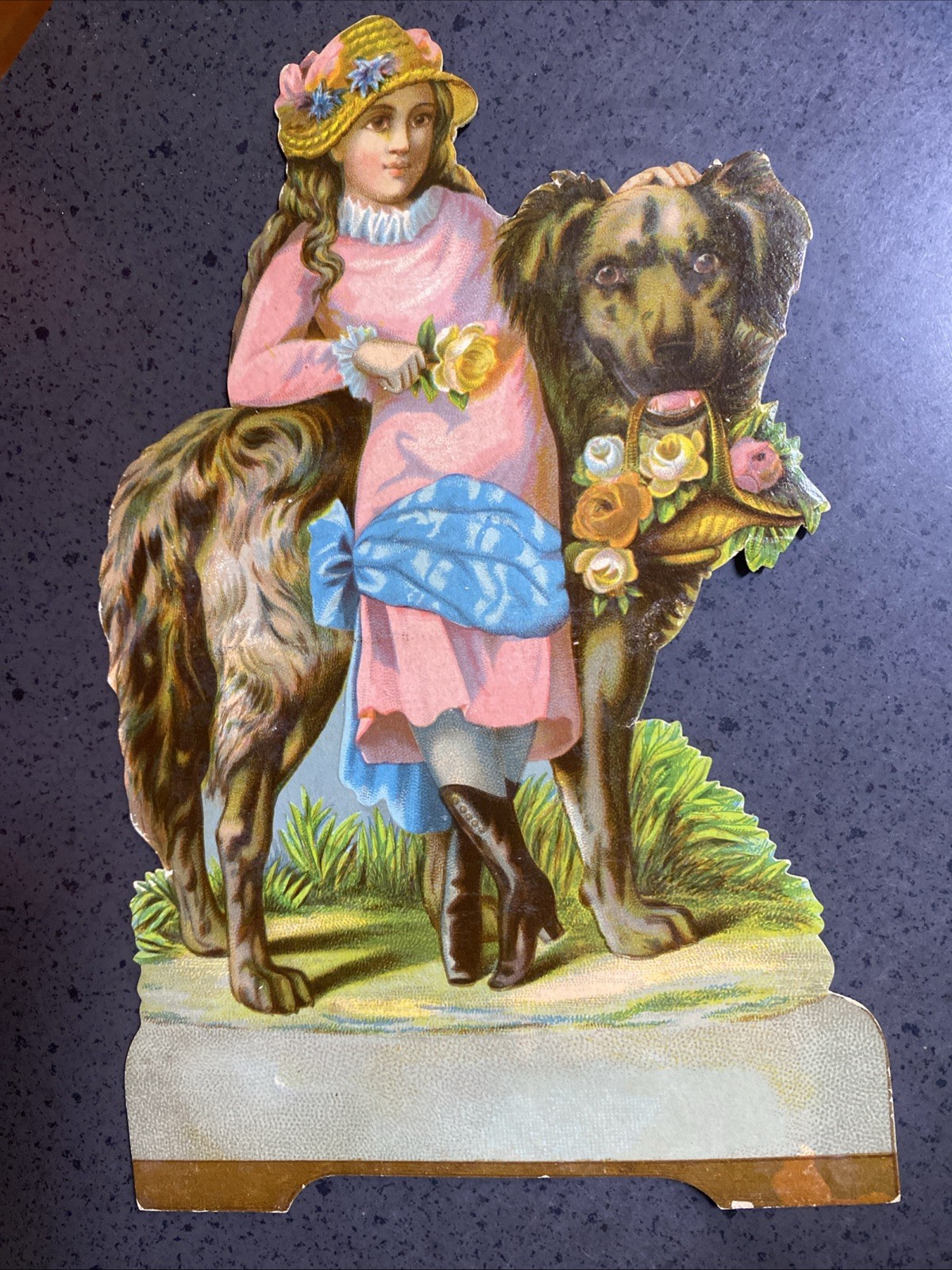 GEM BAKING POWDER, LARGE DIE CUT, VICTORIAN GIRL with HER DOG, FLOWER BASKET 9”