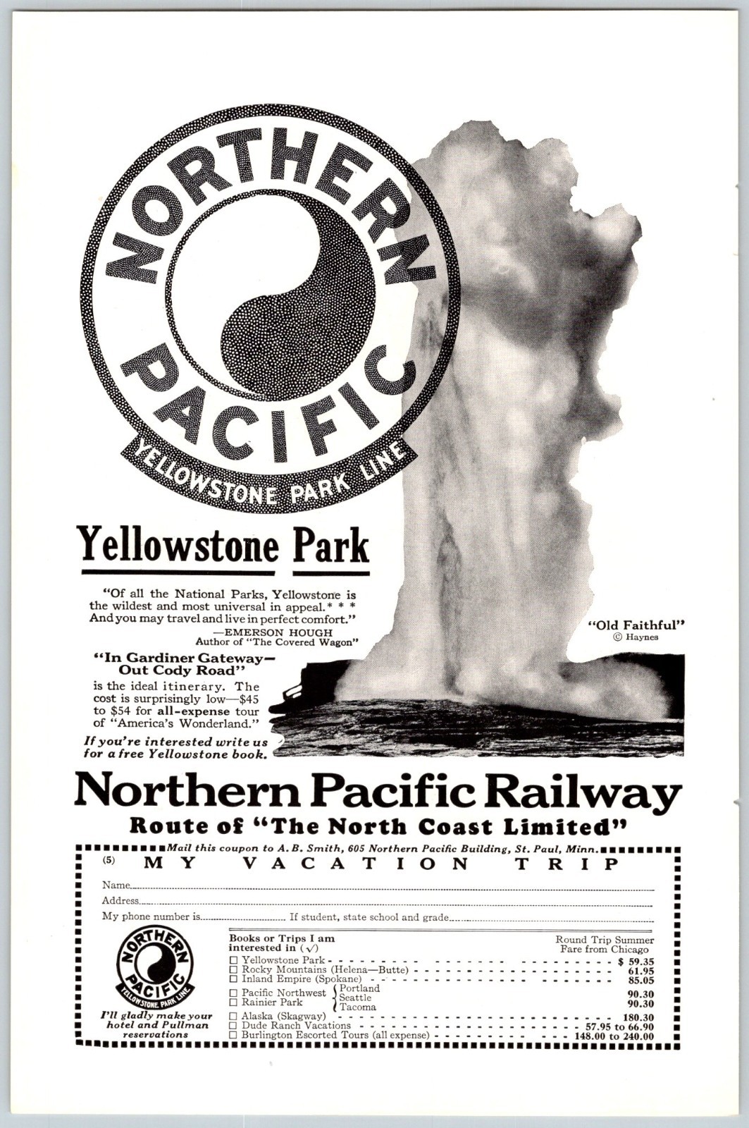NORTHERN PACIFIC RAILROAD TO YELLOWSTONE PARK 6.5″x10″ Magazine Ad 1920’s M748