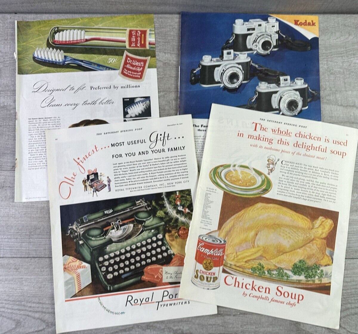 Vtg Lot of 4 Print Ad BIG Art Deco Sat Eve Post Campbells Royal Kodak Dr West
