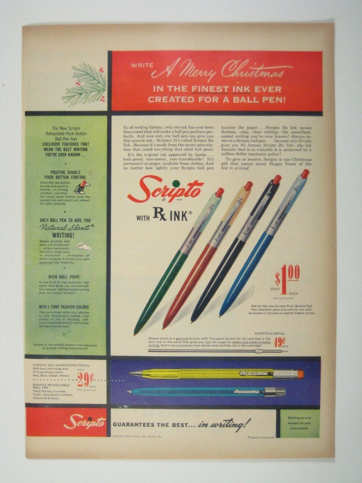 Scripto 1953 Vintage Print Ad RX Ink Ballpoint Pen Retro Collectible Christmas