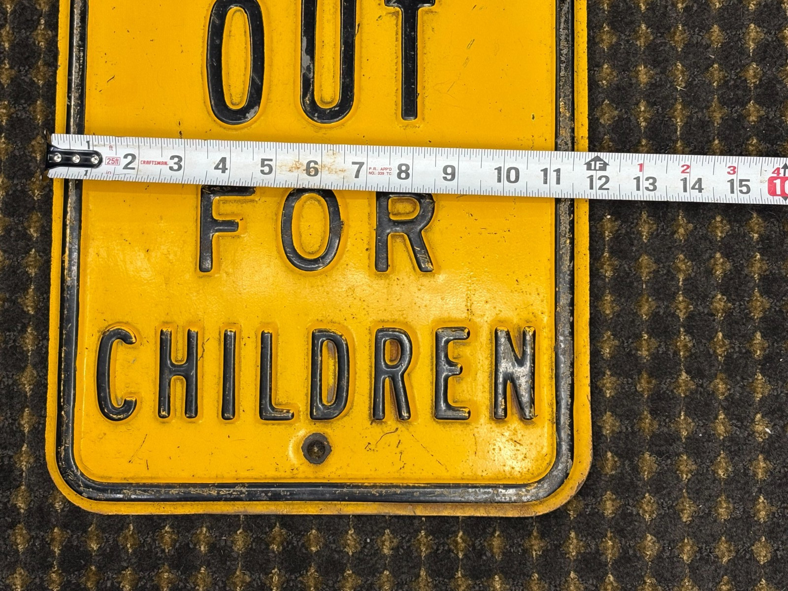 ORIGINAL 1950’s “WATCH OUT FOR CHILDREN” EMBOSSED STEEL STREET SIGN, (18″x 12″)