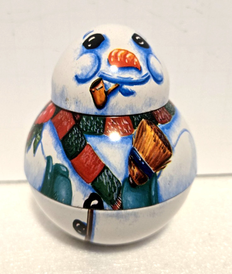 Multicolor Roly Poly Tin Snowman 3 1/2″ Tall. The Tin Box Company of America