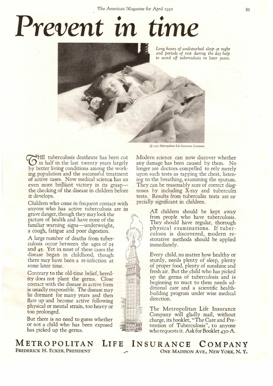 1930 Metropolitan Life Insurance Co. Little Girl Sleeping Tuberculosis Print Ad