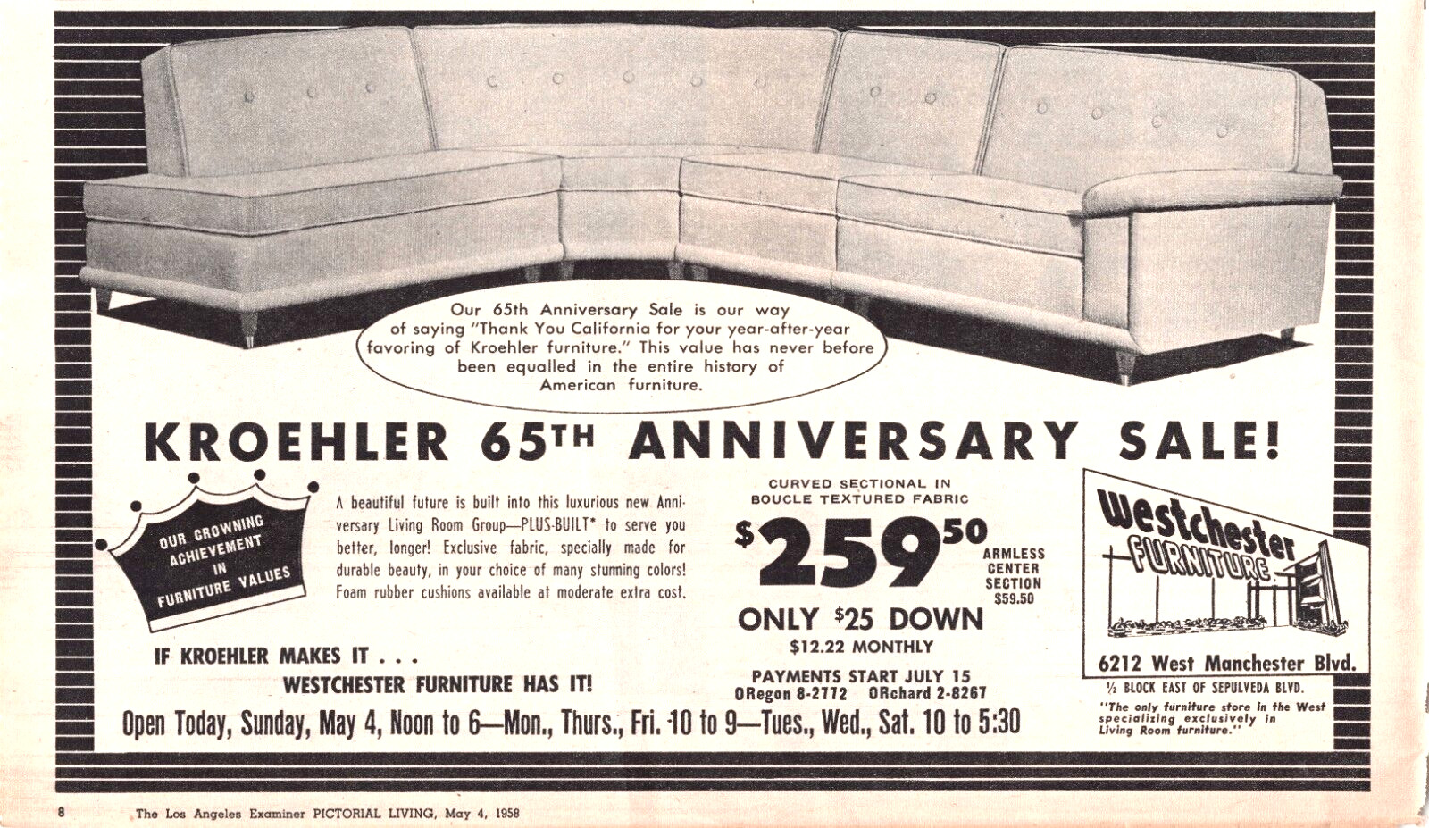 Westchester Furniture Kroehler Graphic Sectionals 1958 Vtg Magazine Print Ad