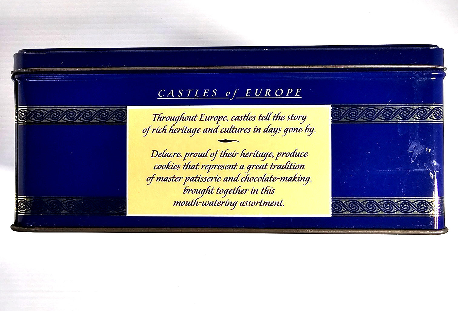 Vintage Delacre Cookie Tin with Pictures of European Castles 8 1/2″ x 9 1/4″