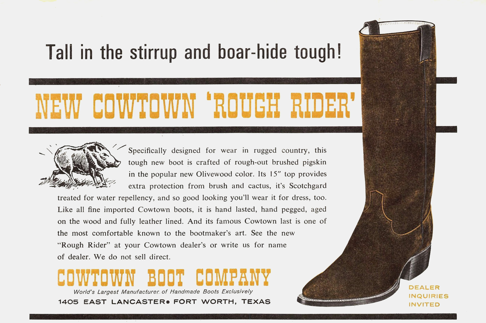 Cowtown Rough Rider Boot Brushed Pigskin Fort Worth TX ’64 Vtg Magazine Print Ad