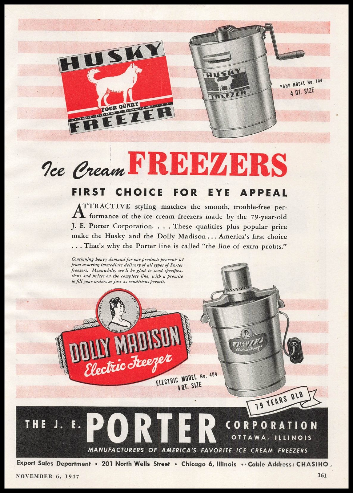 1947 J E Porter Ottawa Illinois Husky Dolly Madison Ice Cream Freezers Print Ad