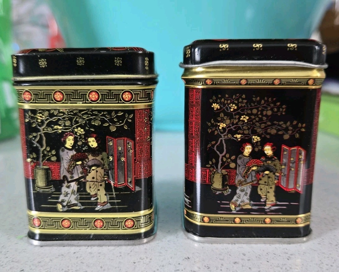 Vintage Oriental Tea Caddy Tin Black/Gold/Red Chinese Collectable 70’s Set of 2