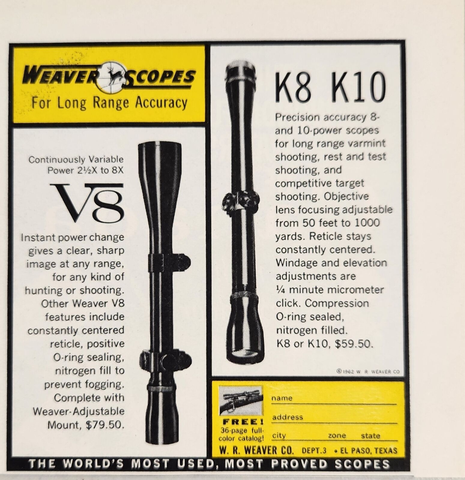 1962 Print Ad Weaver Rifle Scopes V8, K8, K10 Models El Paso,Texas