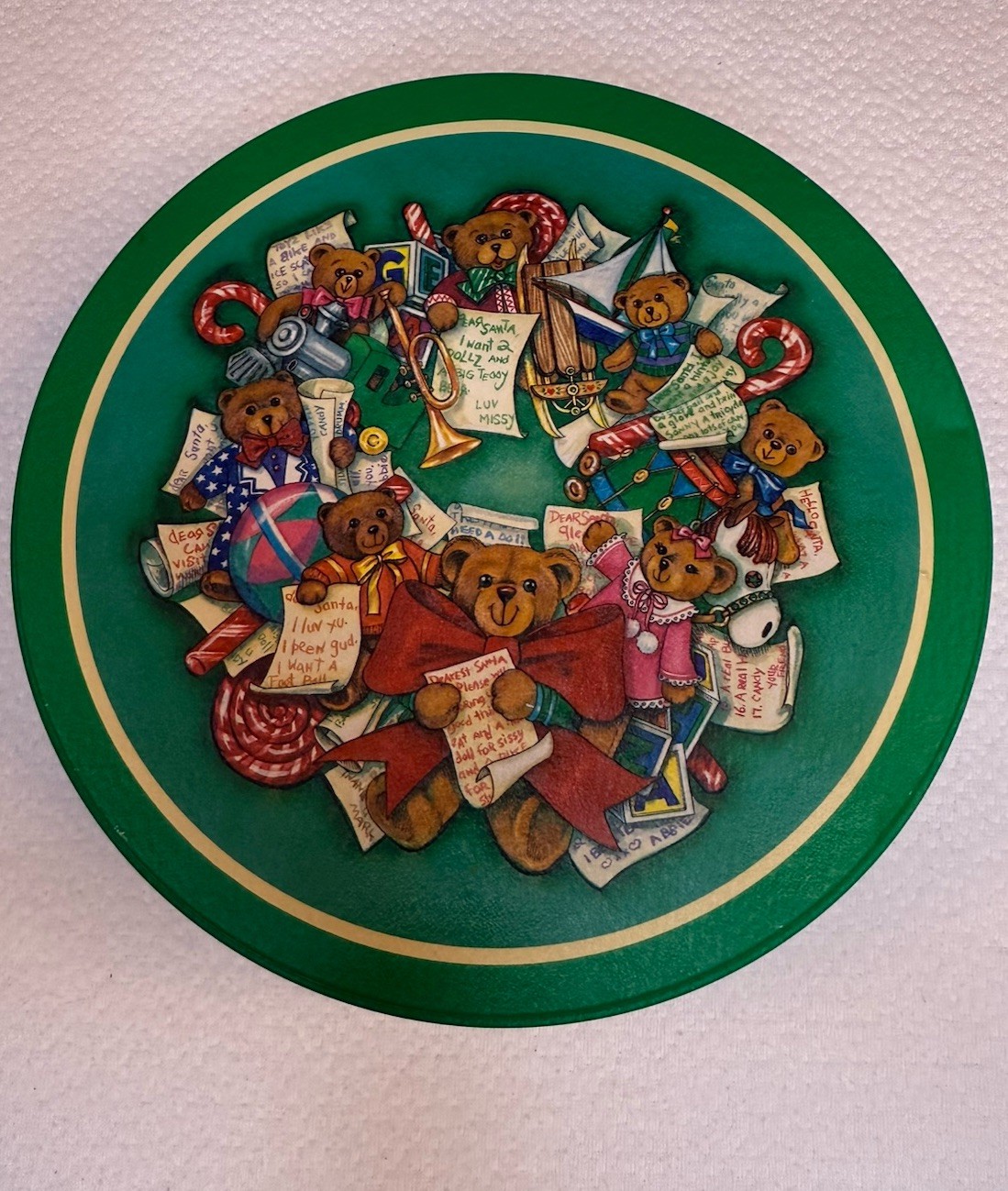 Vintage Christmas Teddy Bear Cookie Tin Round Green Holiday Storage 3.5″x8″