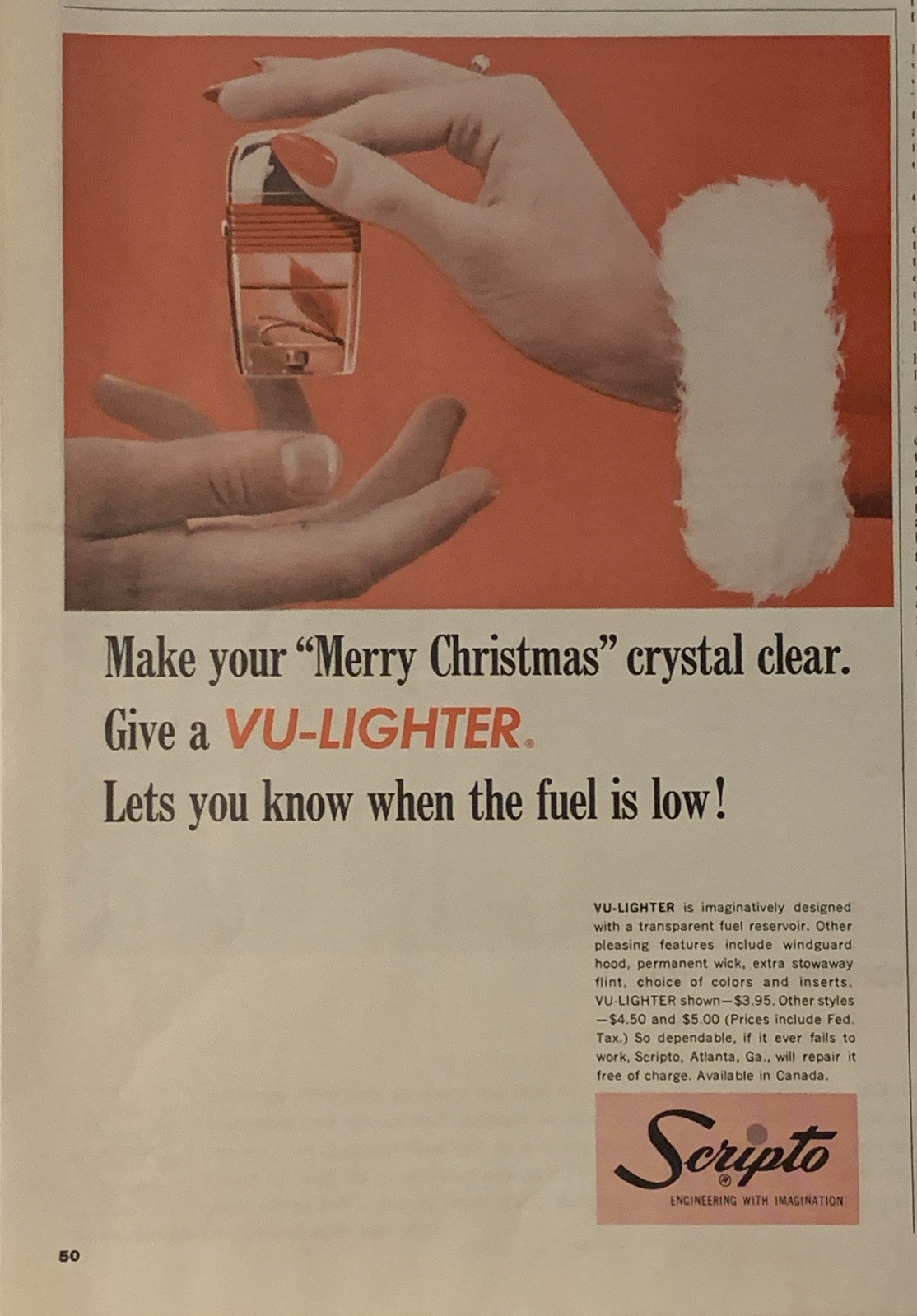 1964 Scripto VU Lighter Christmas PRINT AD Crystal Clear – Know Fuel Low VTG 60s