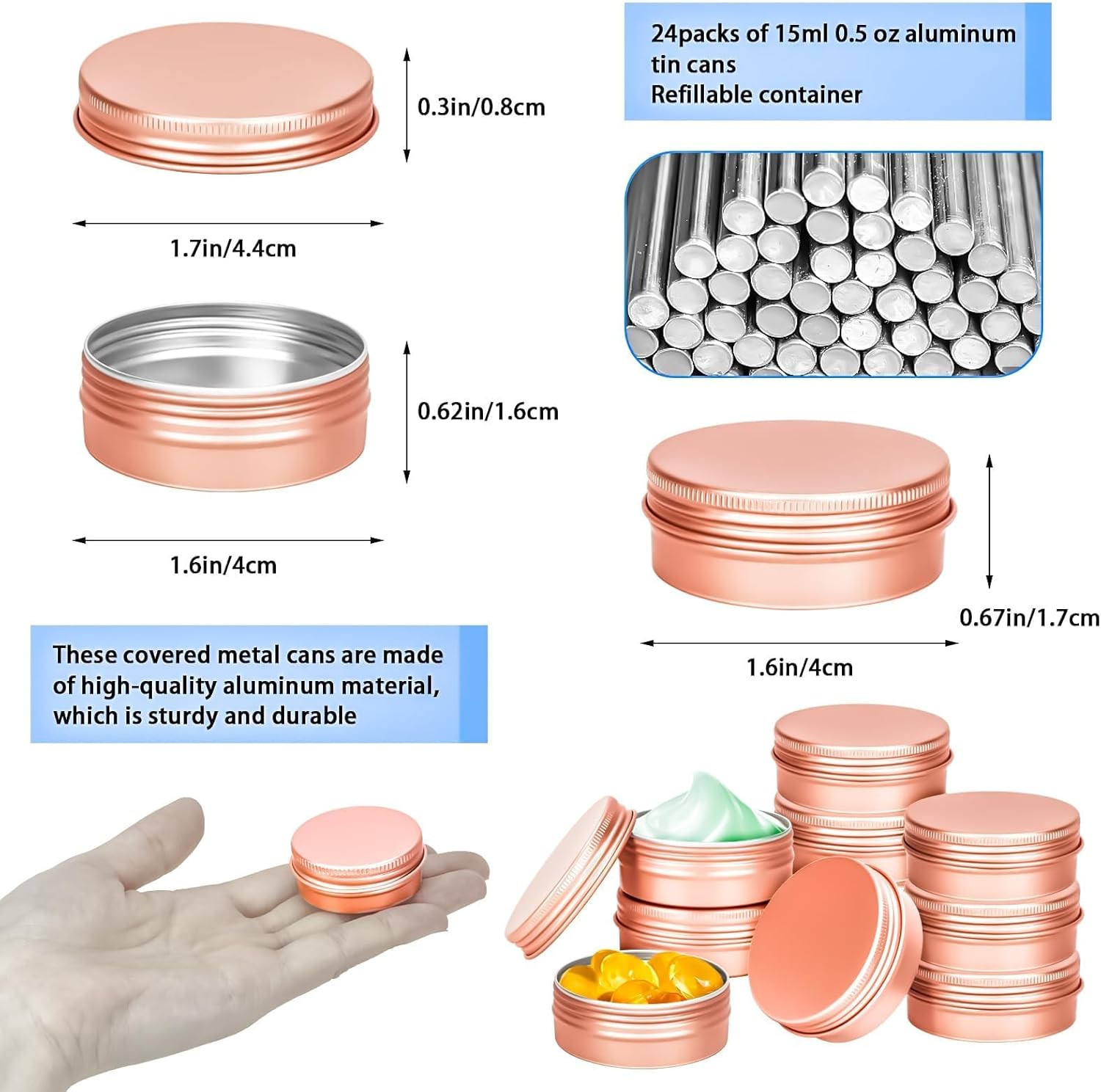 24 Pack 0.5Oz Tin Jars, 15Ml Metal Containers with Lid for Lotions, Spices, Crea