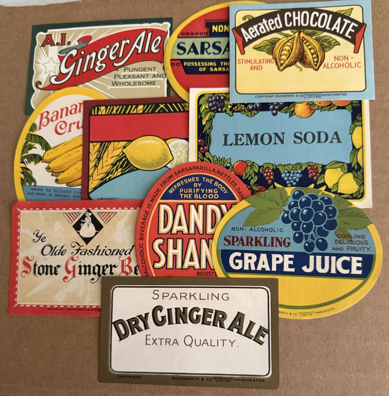 Vintage Lot of 10 Duckworth Soda & Drink Labels Manchester, United Kingdom (1B)