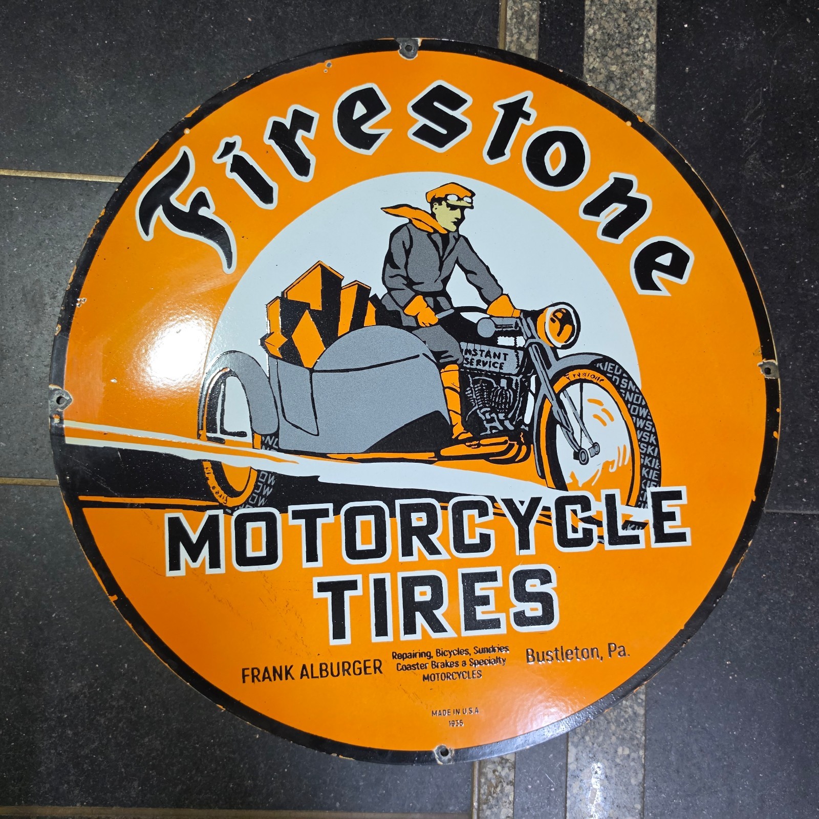 FIRESTONE TIRES PORCELAIN ENAMEL SIGN 29 X 29 INCHES