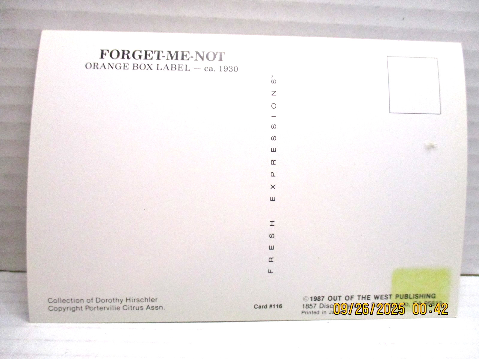 FORGET-ME-NOT ORANGE BOX LABEL, CIRCA 1930 LOT #2 of (6) VINTAGE POST CARDS