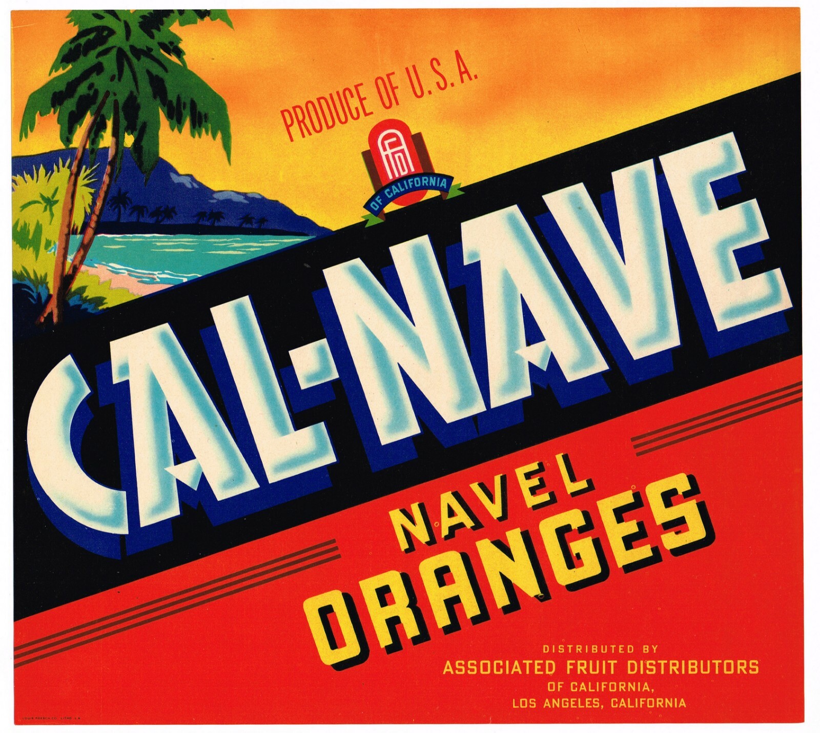 LOS ANGELES CRATE LABEL VINTAGE 1930S DIAMOND HEAD HAWAII TROPICAL PALM TREE