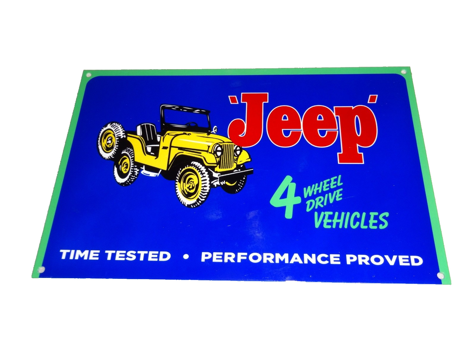 VINTAGE JEEP 4 WHEEL DRIVE VEHICLES 12″ METAL CAR TRUCK DEALER GASOLINE OIL SIGN