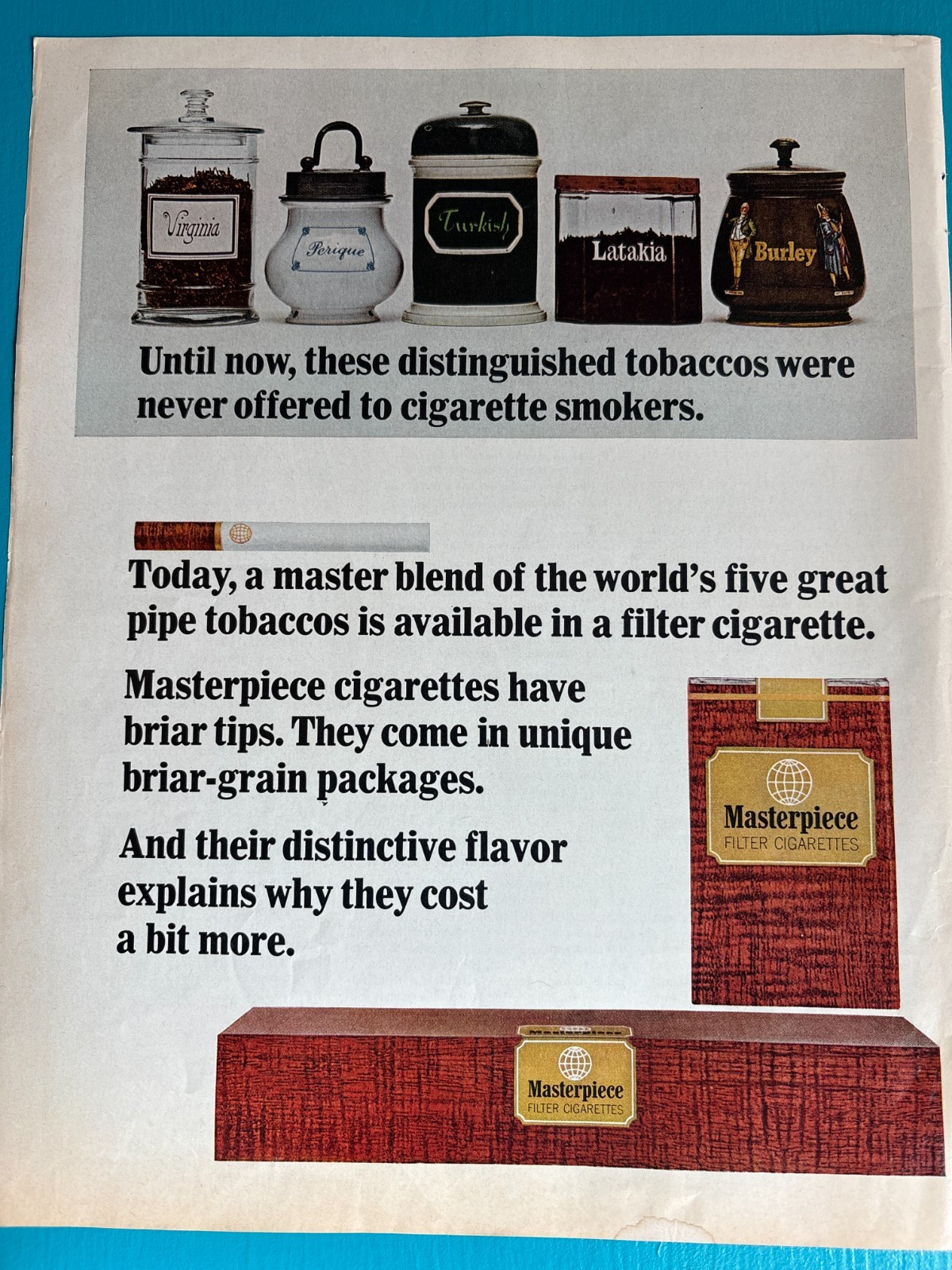 1965 Masterpiece Filter Cigarettes Print Ad Briar Tip Pipe Tobacco Vtg Original
