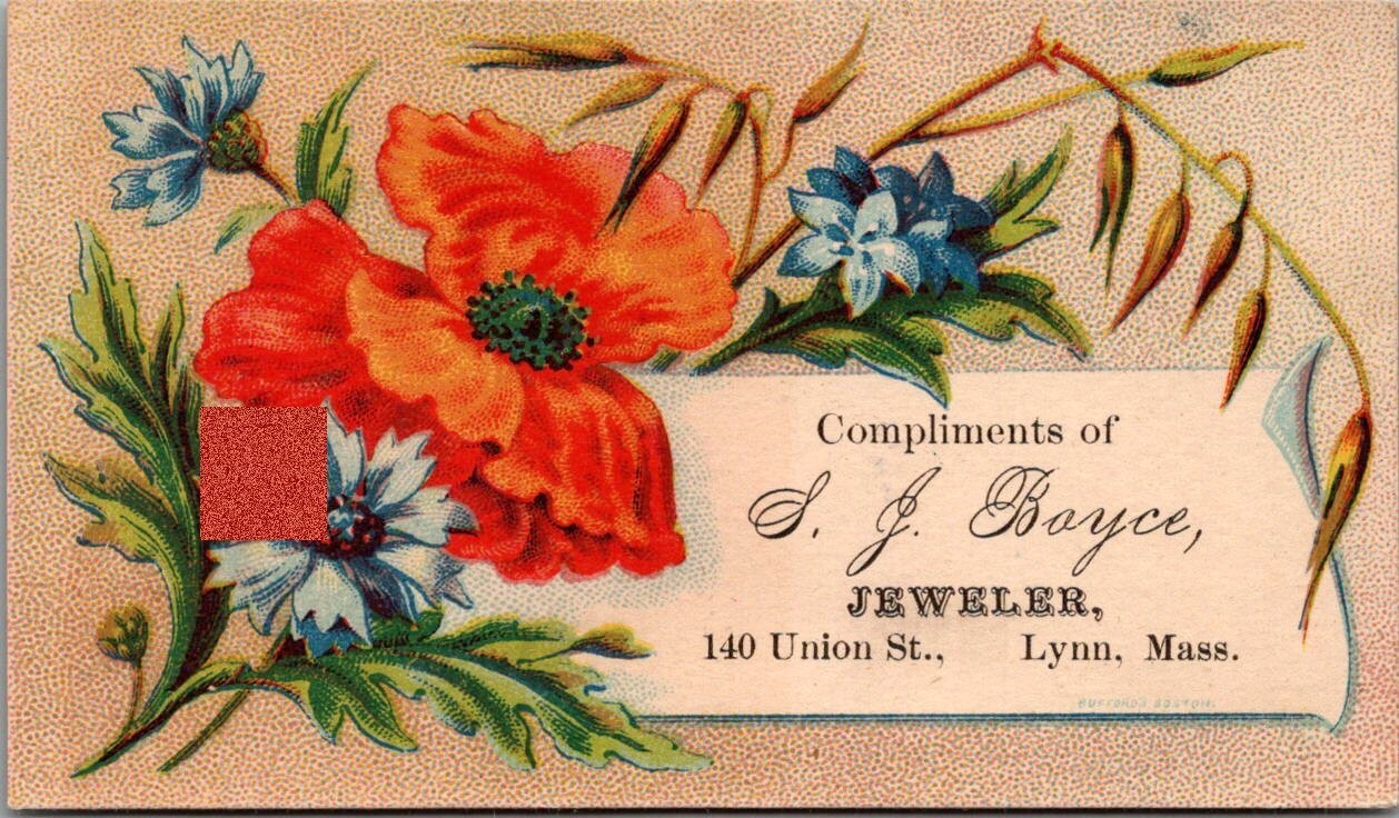 S.J. Boyce Jeweler LYNN MA Flowers Poppy Victorian Trade Card
