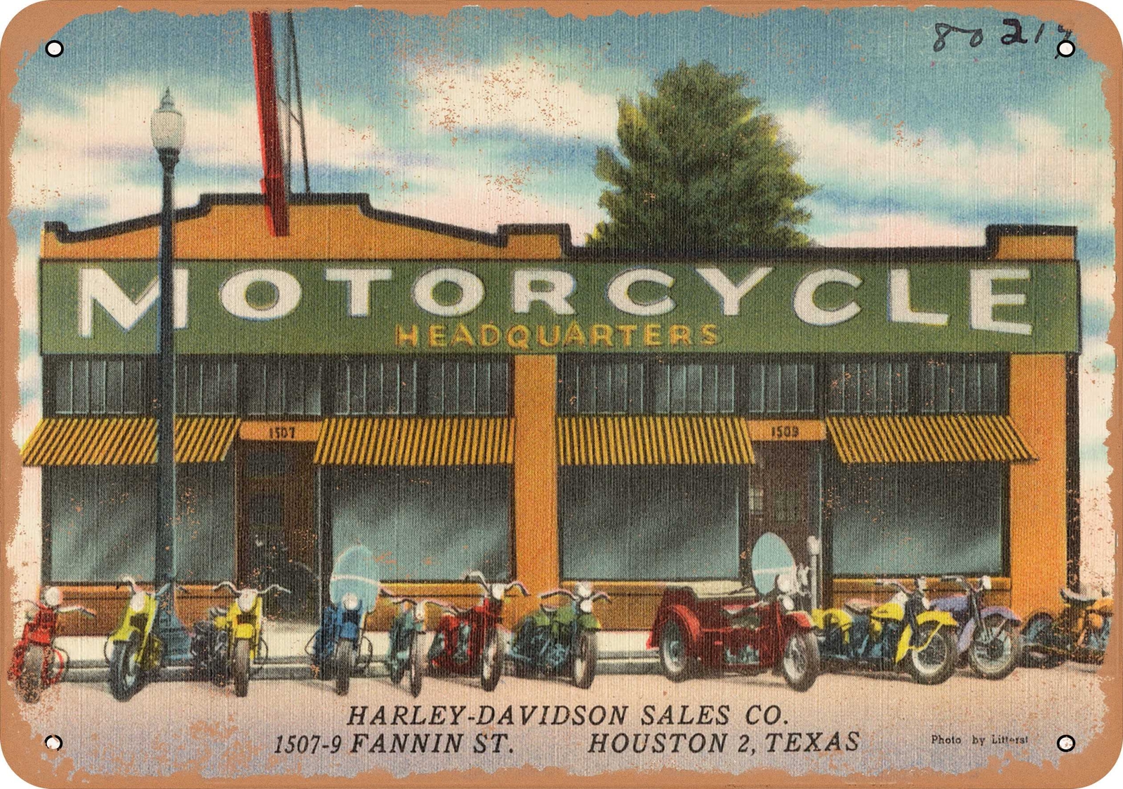 METAL SIGN – Texas Postcard – Harley-Davidson Sales Co., 1507-9 Fannin St., Hou