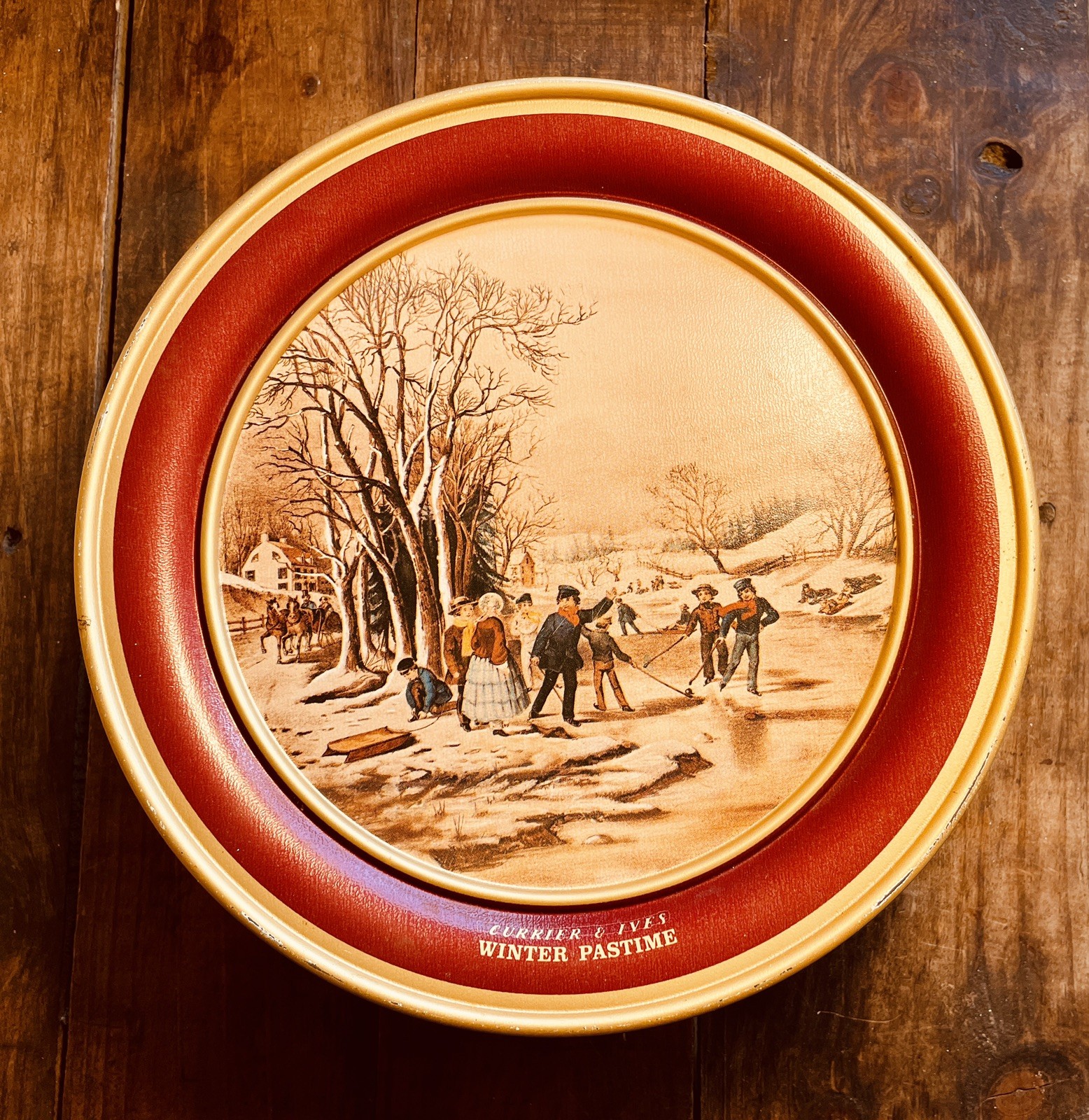 Vintage Currier & Ives “Winter Pastime” 8.5” Cookie Tin Box Red W/Ice Skaters