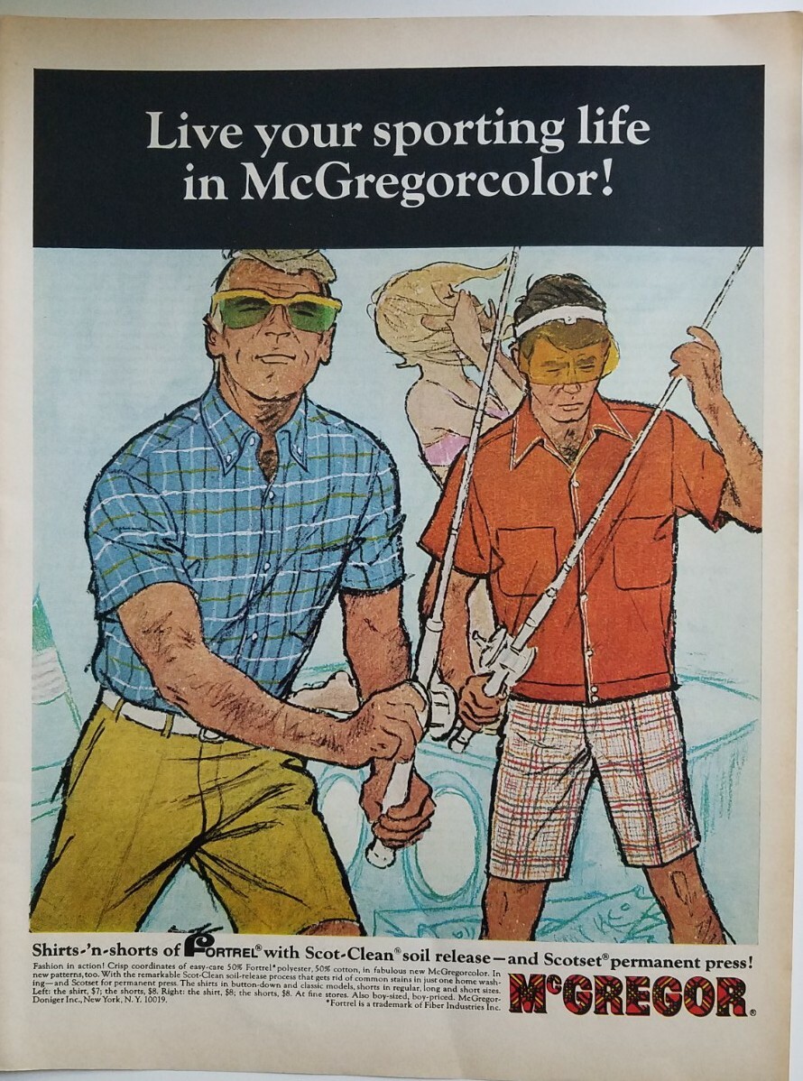 1968 men’s McGregor shirts and shorts of Fortrel fishing poles vintage art ad