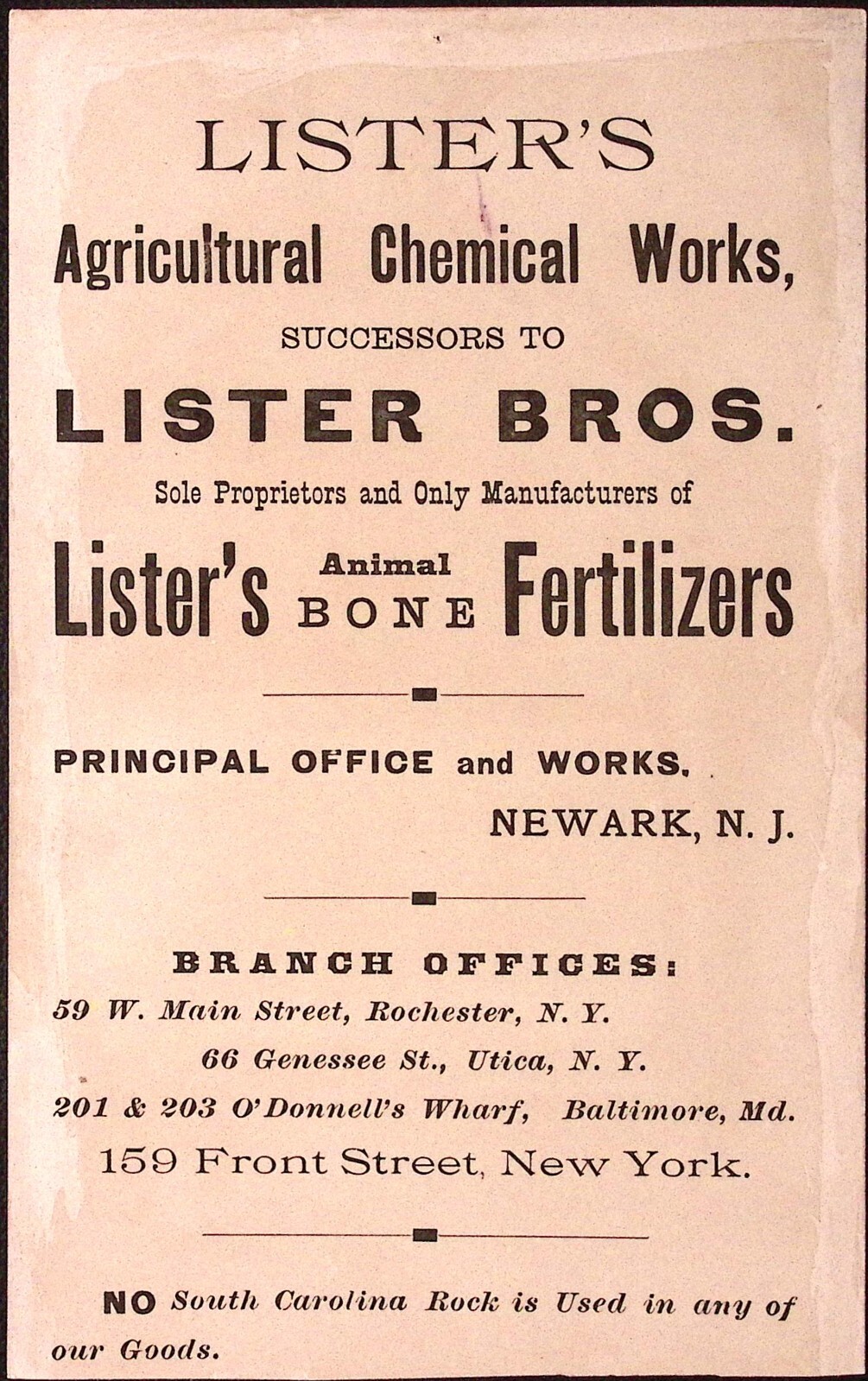Listers Agricultural Chemical Works Bone Fertilizer Newark NJ Jumbo Trade Card