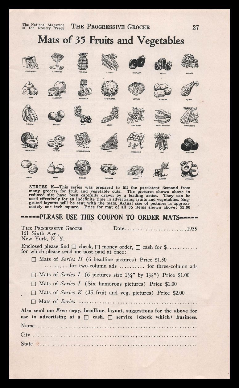 1935 Mats Of 35 Fruits & Vegetables Grocery Coupon Order Form Vintage Print Ad