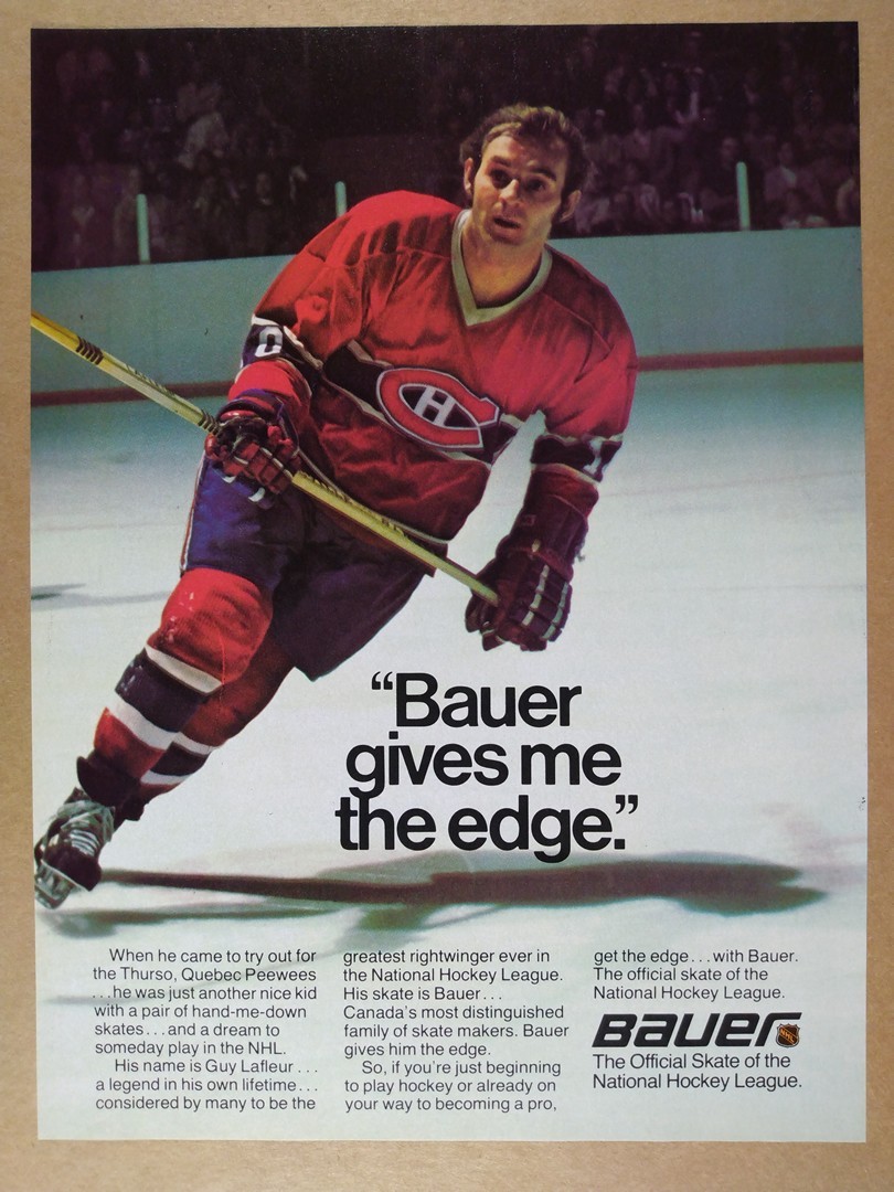 1977 Bauer Hockey Skates Guy Lafleur photo vintage print Ad