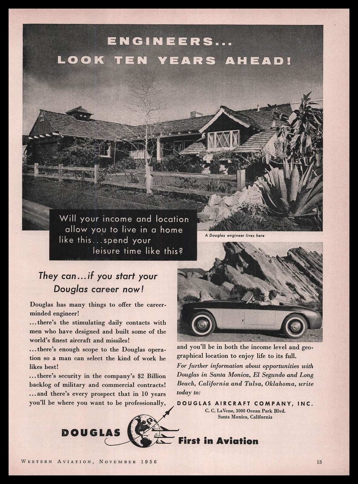 1956 Douglas Aircraft Long Beach California Engineer’s Home Photo Print Ad