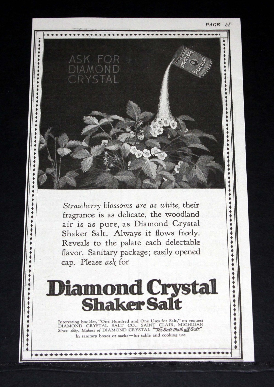 1921 OLD MAGAZINE PRINT AD, DIAMOND CRYSTAL SALT CO, FOR PURE WHITE SHAKER SALT!