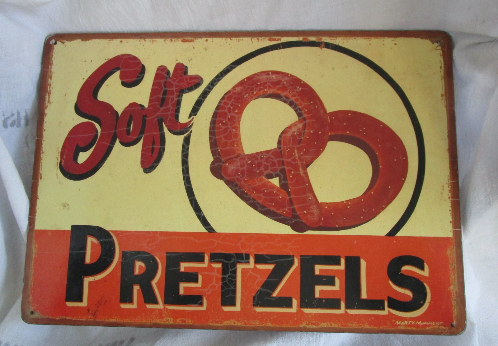 MARTY MUMMERT VINTAGE SOFT PRETZELS CORK BOARD RETRO SIGN 16″ x 11″