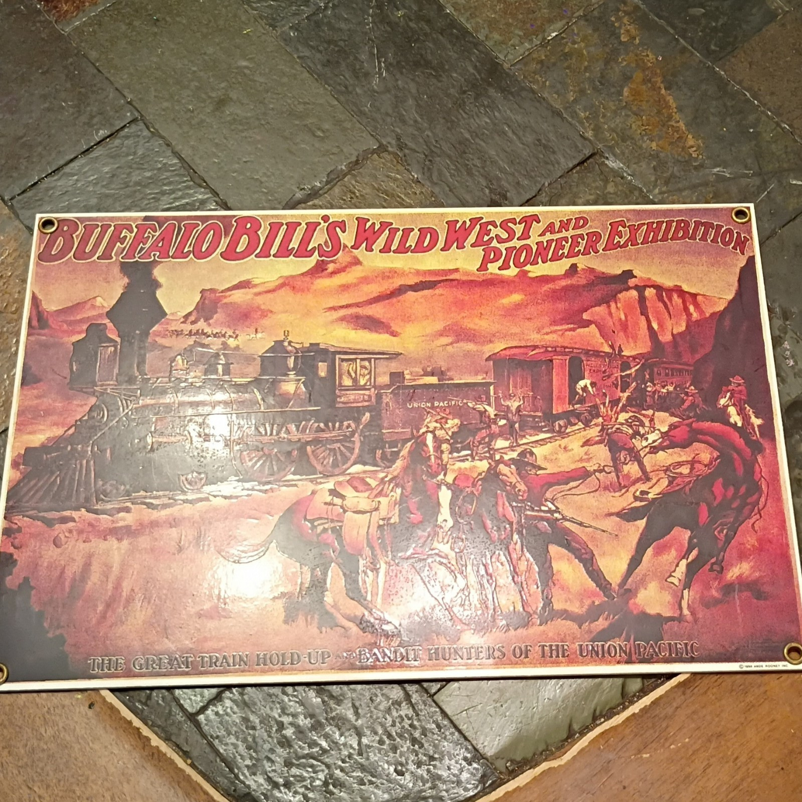 Ande Rooney Buffalo Bill’s Wild West Pioneer Trail Reproduction Sign 1998