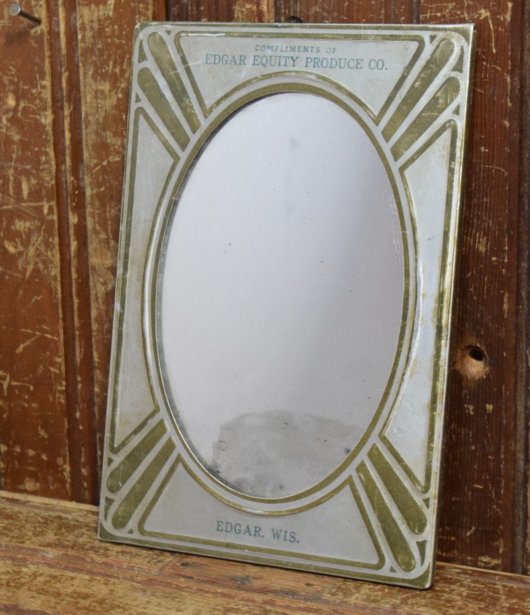 EDGAR PRODUCE ART NOUVEAU MIRROR SILVERED GLASS EMBOSSED TIN SIGN ANTIQUE 1910s