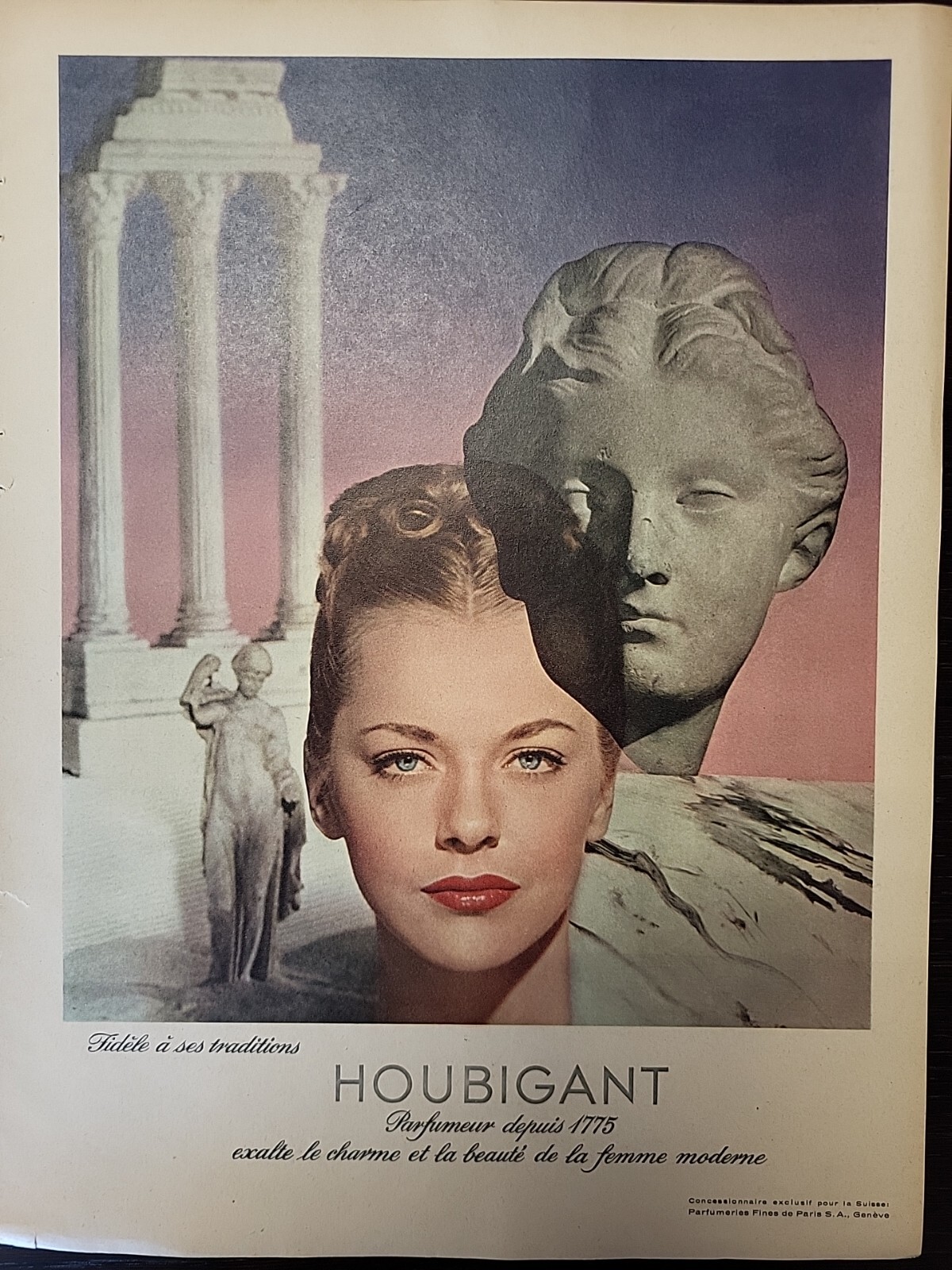 Houbigant Perfume 1947 Print Ad Du Magazine Swiss Greek Statues Columns Color
