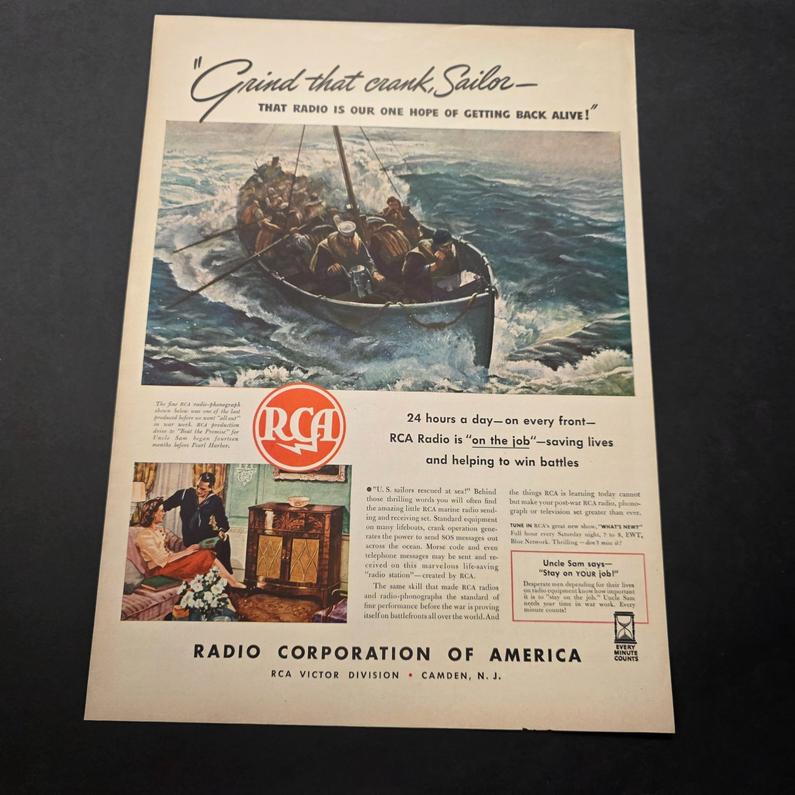 WWII RCA Radio Ad “Grind That Crank, Sailor” Navy Lifeboat Rescue Radio 1940s