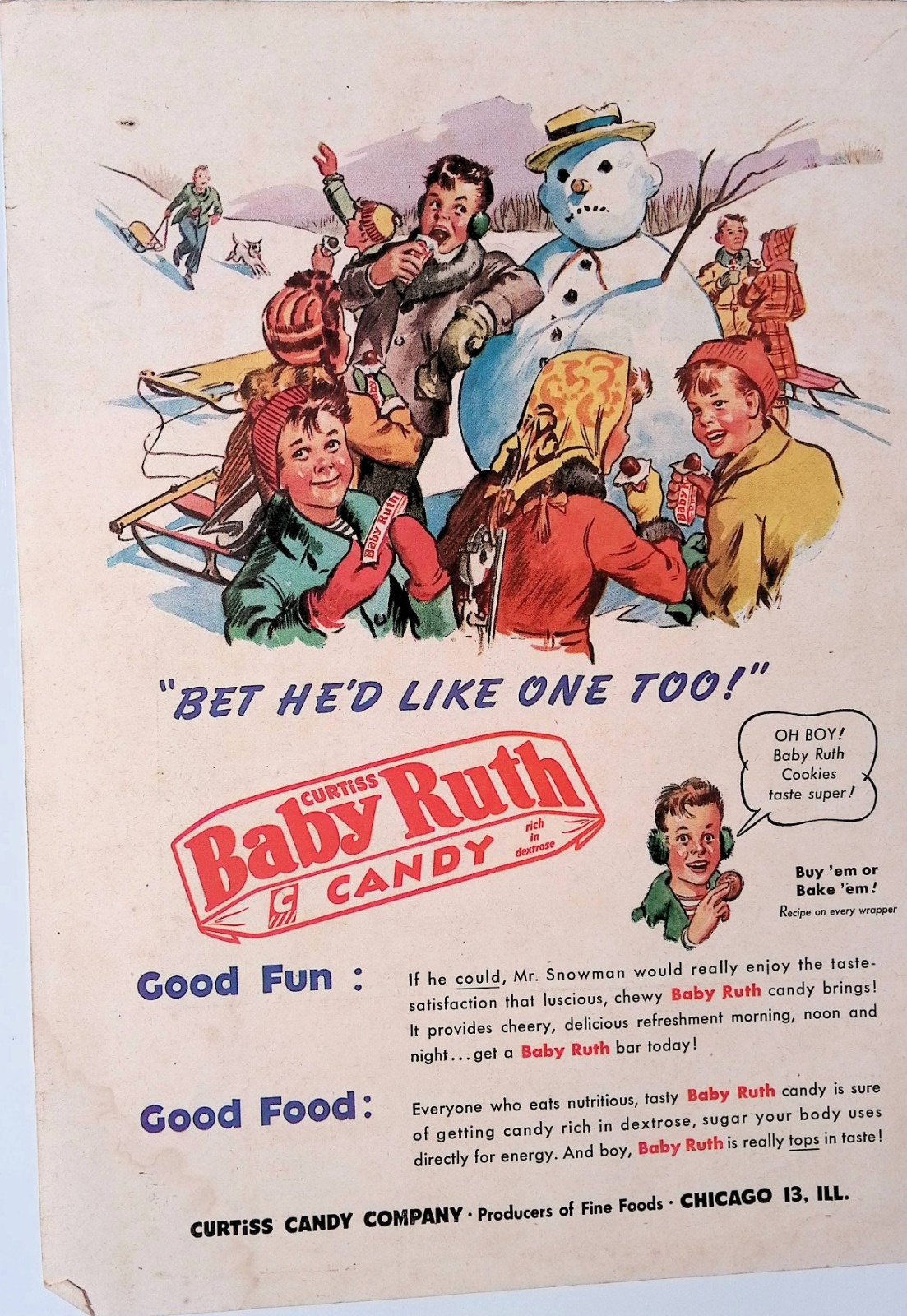 1948 Baby Ruth Candy Snowman Kids Sledding Winter Print Ad American Girl April