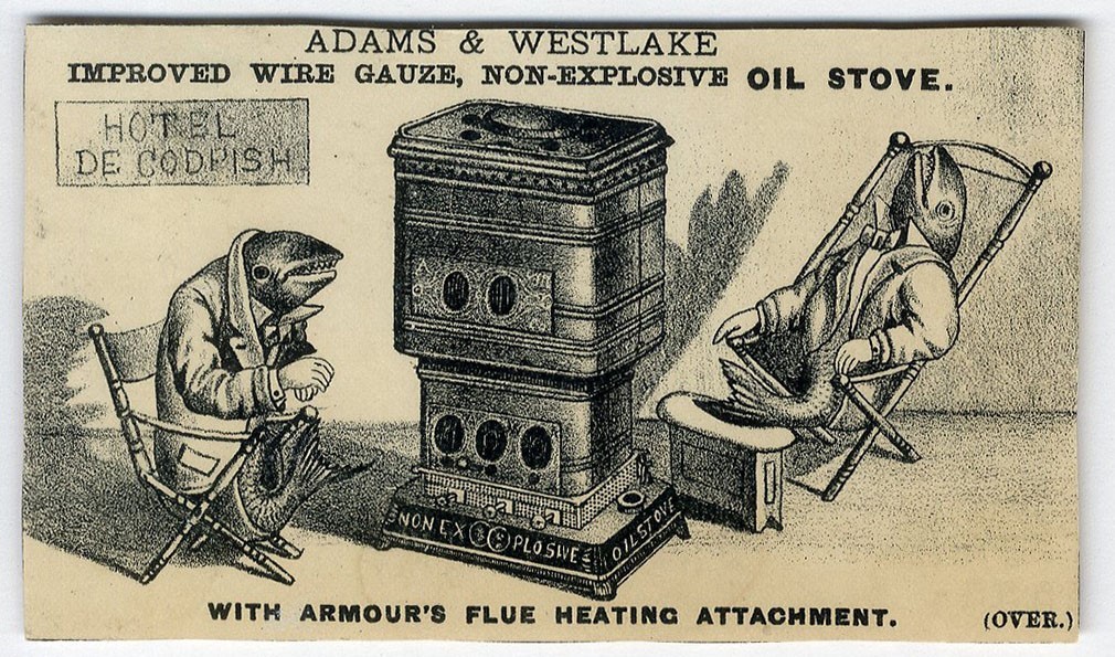 ADAMS WESTLAKE Oil Stove 1880’s TWO FISH Warming Themselves VICTORIAN Trade Card