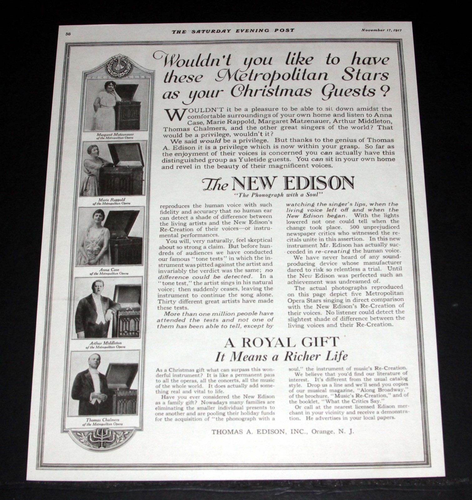 1917 OLD WWI MAGAZINE PRINT AD, THE NEW EDISON PHONOGRAPH-METROPOLITAIN STARS!